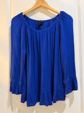 INC International Concepts Women’s Large Blue Peasant Blouse 100% Rayon Ruffle